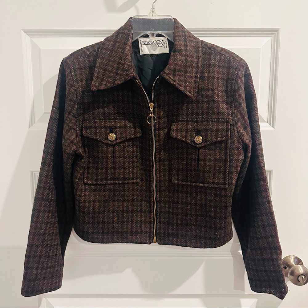 International Scene Brown Plaid Wool Blend Cropped Zip Jacket